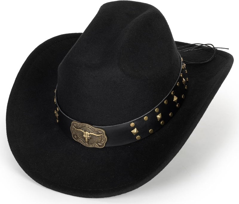 Eohak Womens Western Cowboy Hats Studded Pinched Western Cowgirl Hats Wide Brim Fedoras Hat with Belt Buckle (Size:Medium) - Image 5